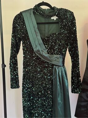 Emerald Sequin Long Sleeve Evening Dress with Sash